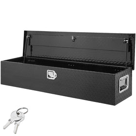 VEVOR front view of 48x15x15 black toolbox showing secure storage