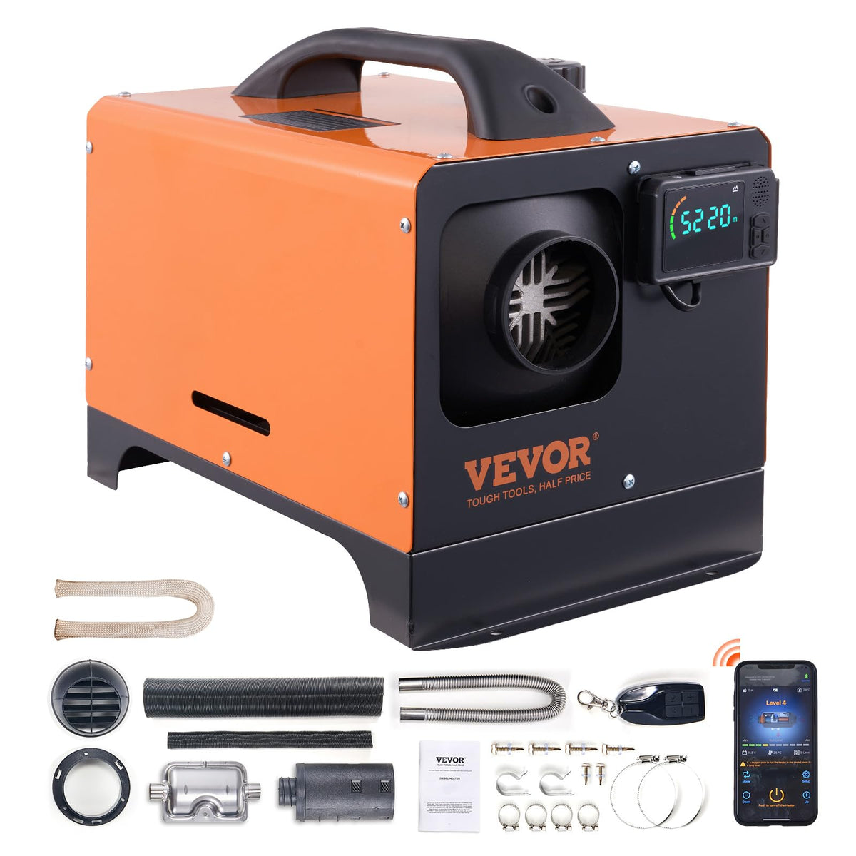 VEVOR front view of compact diesel heater showing design and fast heating benefit