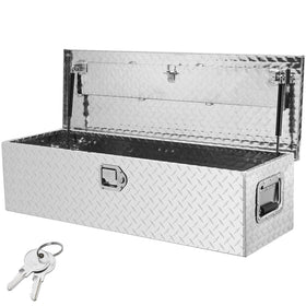 VEVOR front view diamond plate toolbox showing sturdy storage benefit