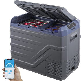 VEVOR front view of dual-zone fridge showing capacity and compact profile for travel
