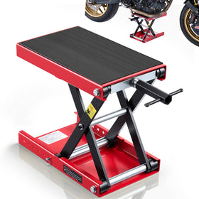 VEVOR front view of lift showing stable wide deck and quick setup benefit