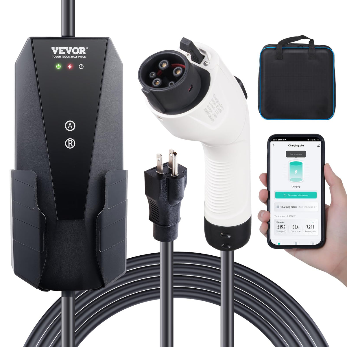 VEVOR front view of portable EV charger showing compact durable housing and controls