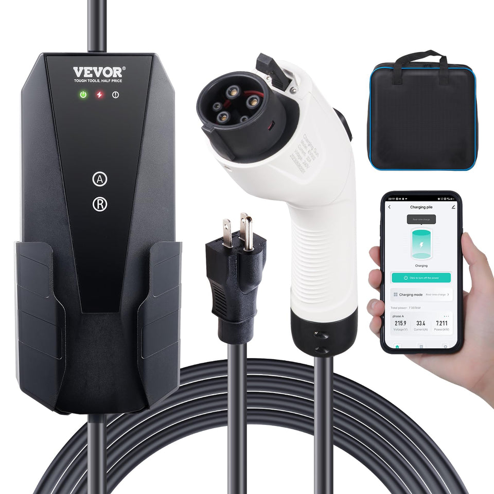 VEVOR front view of portable EV charger showing compact durable housing and controls