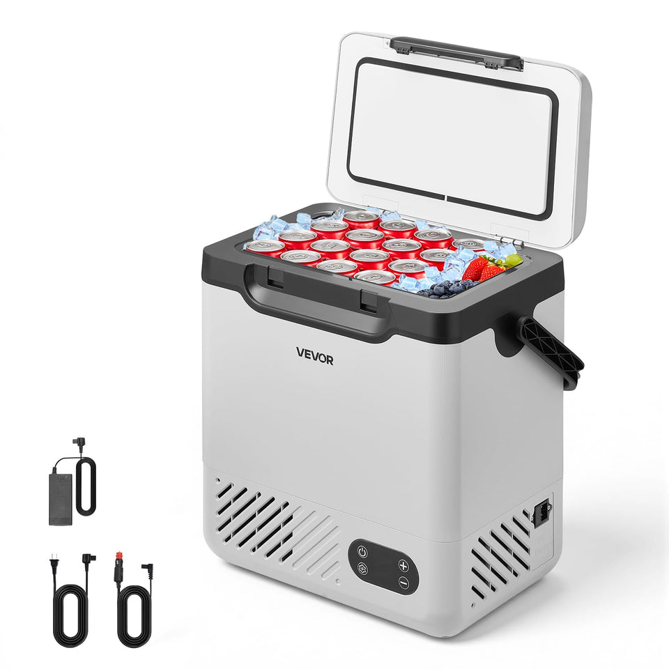 VEVOR front view of compact fridge showing sturdy build and portability benefit