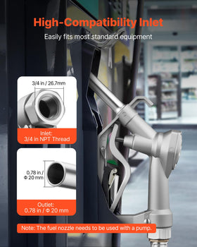 VEVOR fuel nozzle with 10 ft hose displayed full length for reach advantage