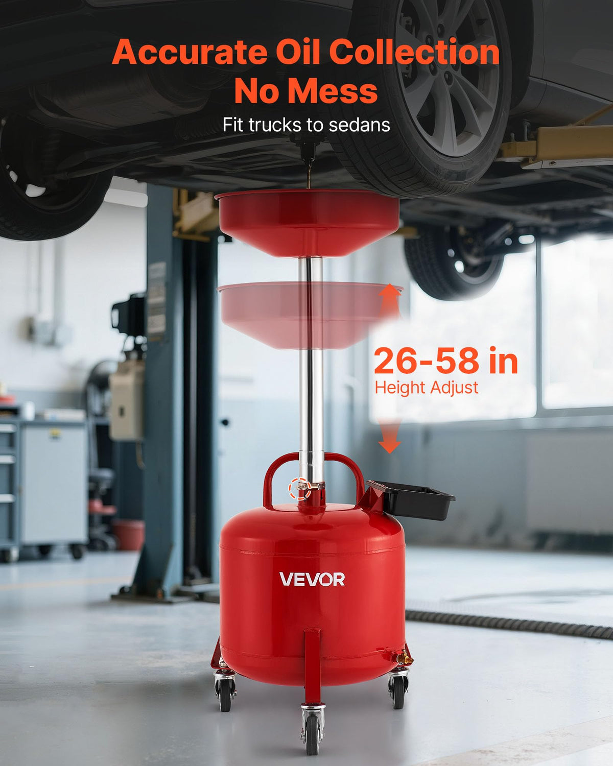 VEVOR close-up of large 15.2-inch spill-proof funnel for cleaner drains
