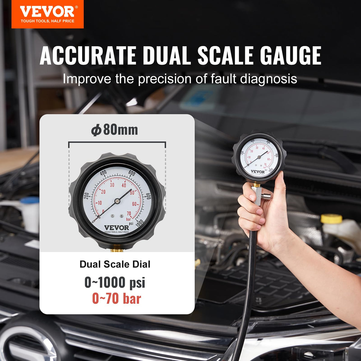 VEVOR gauge close-up with rubber sleeve for clear, durable readings