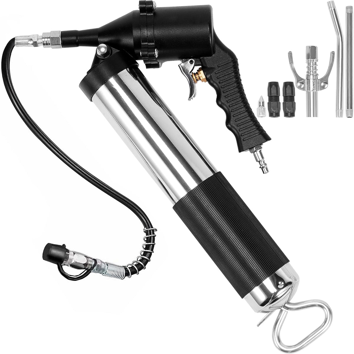 VEVOR grease gun front view showing compact body and ergonomic handle for easy control