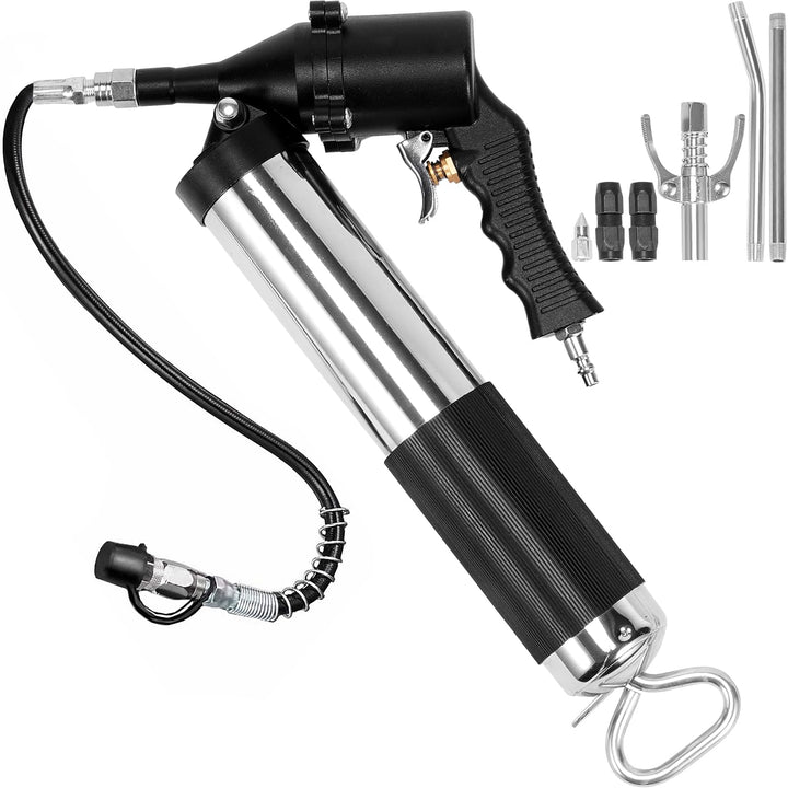 VEVOR grease gun front view showing compact body and ergonomic handle for easy control