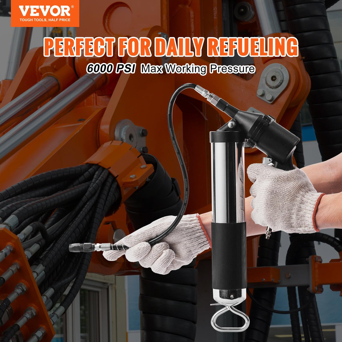 VEVOR grease gun flexible 18.5-inch hose close-up for reaching tight grease fittings