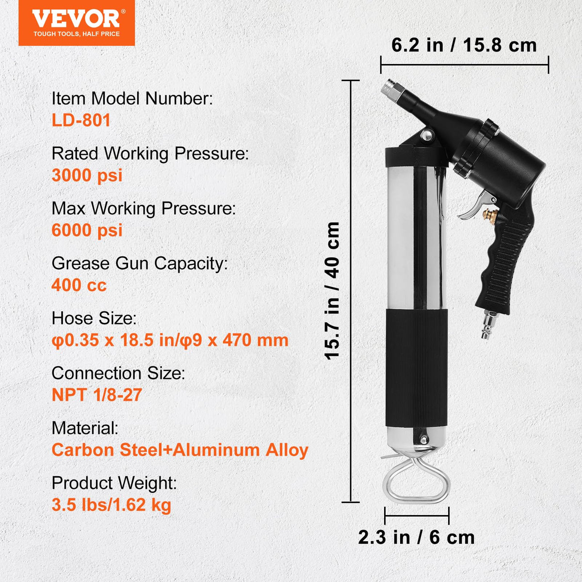 VEVOR grease gun held in hand for scale demonstrating lightweight portability