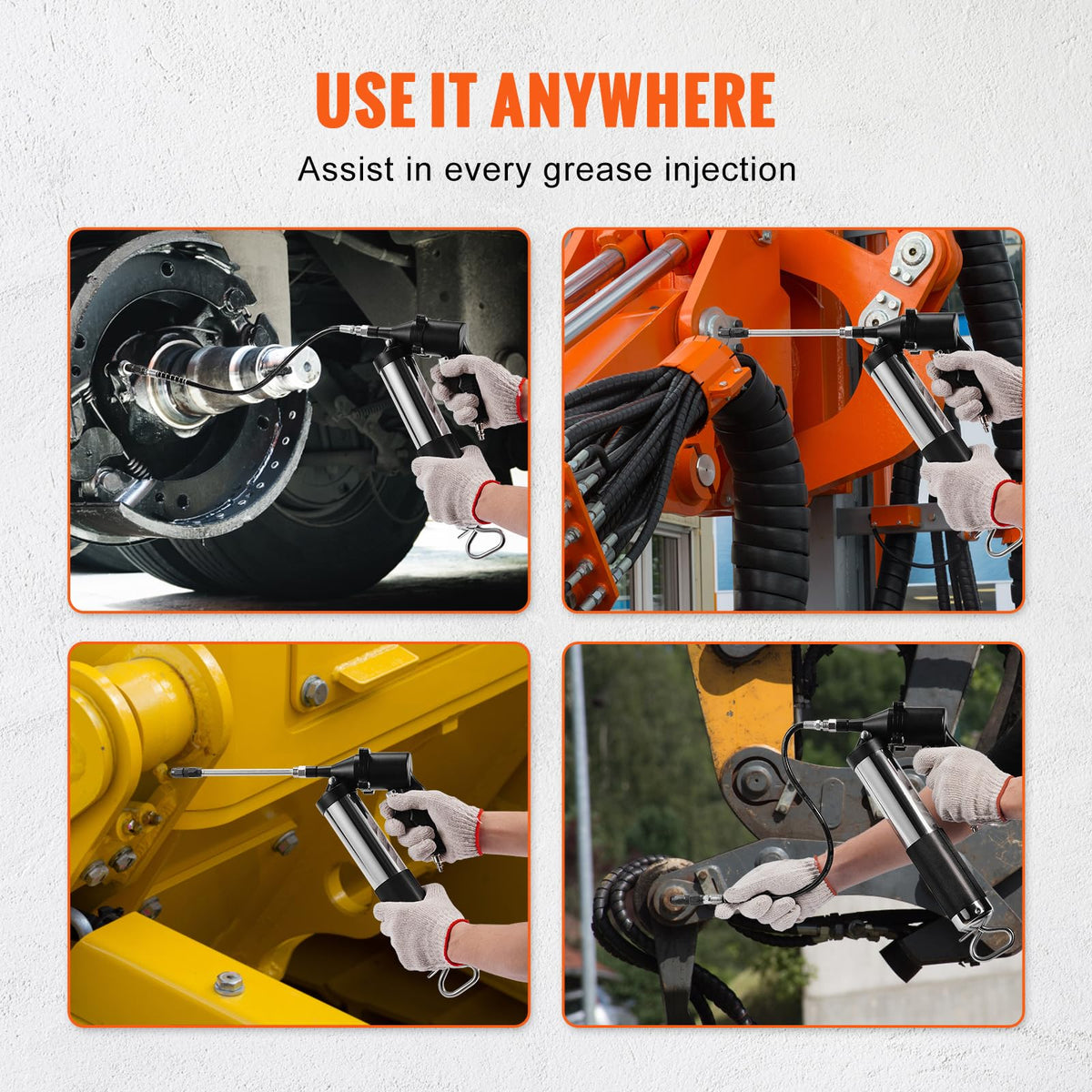 VEVOR grease gun side profile highlighting compact dimensions and robust build
