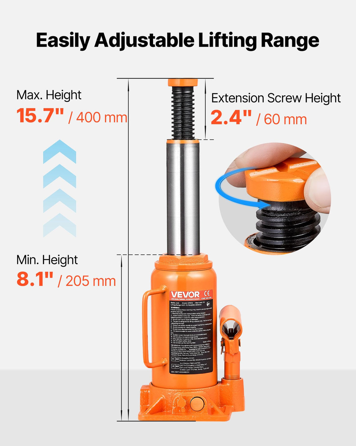 VEVOR handle and pump detail showing easy leverage for lifting
