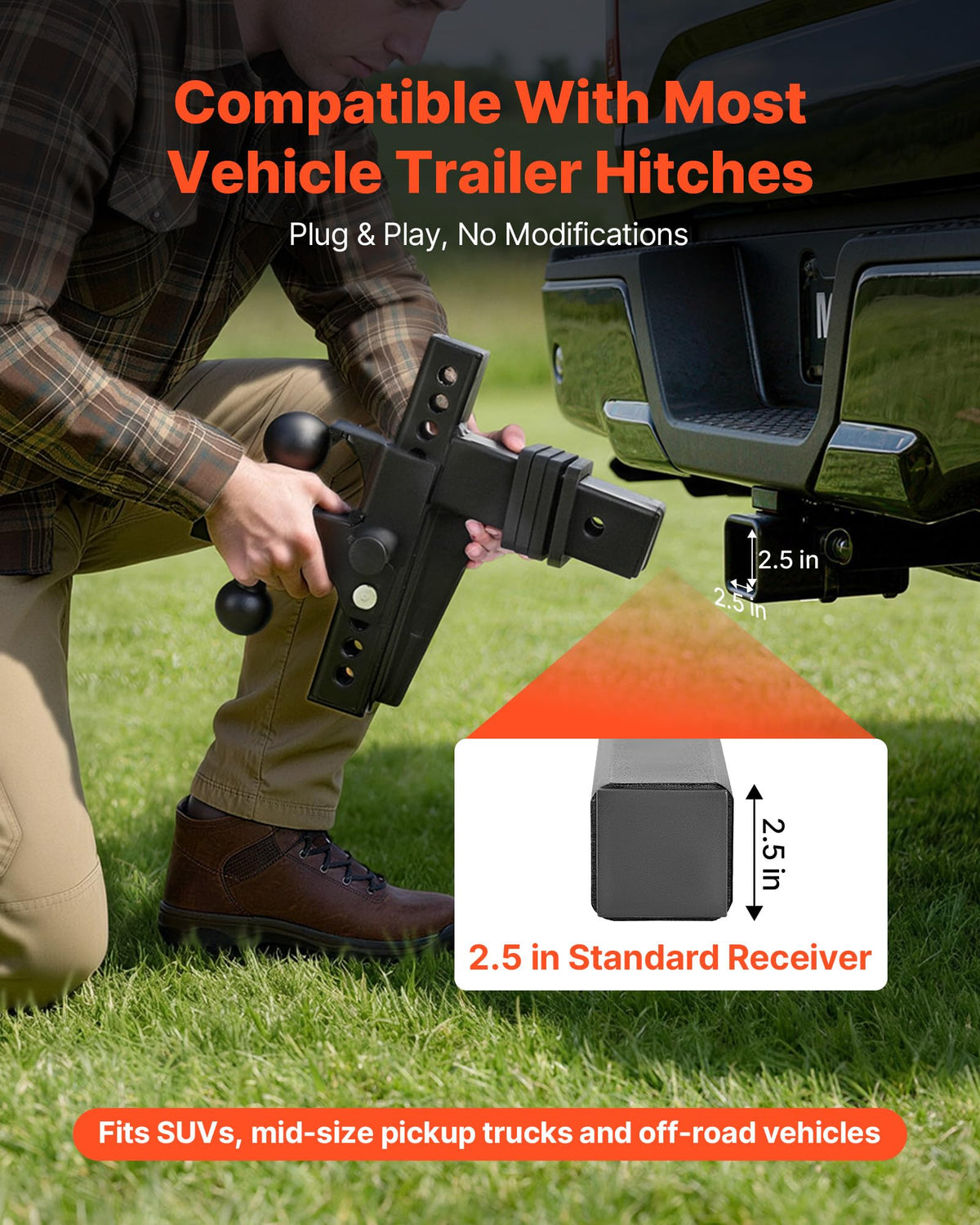 VEVOR height adjustment hole pattern showing 12-position system for level towing benefit