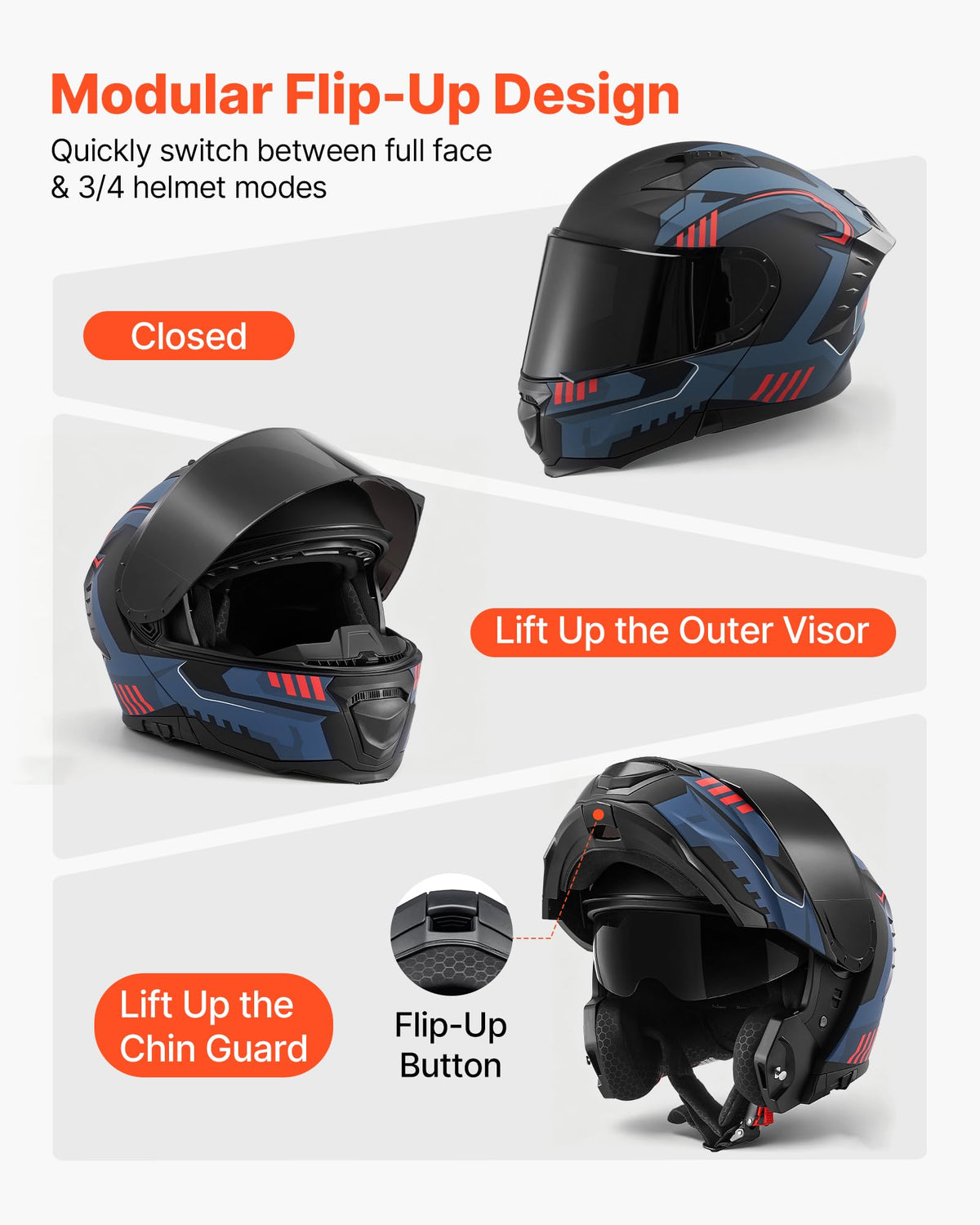 VEVOR helmet with chin bar flipped up for convenience and ventilation
