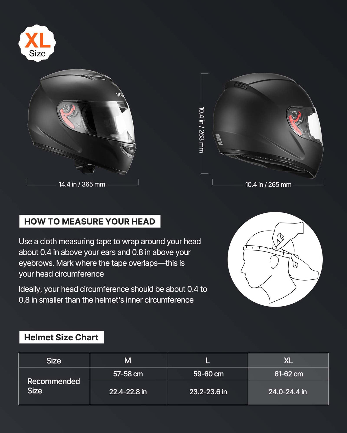VEVOR helmet profile highlighting durable ABS shell contour for improved impact resistance