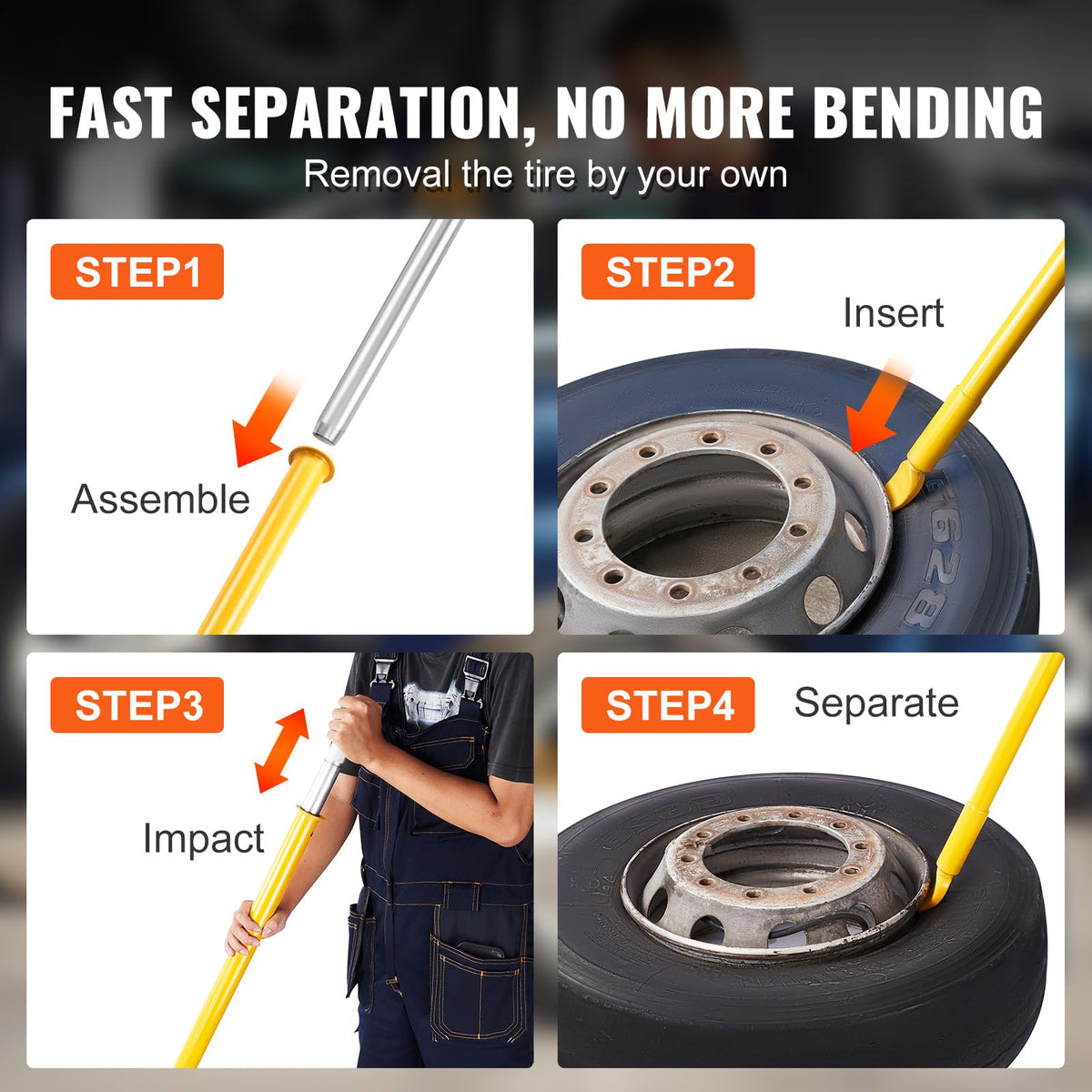 VEVOR in use on car wheel showing safe bead separation without power tools