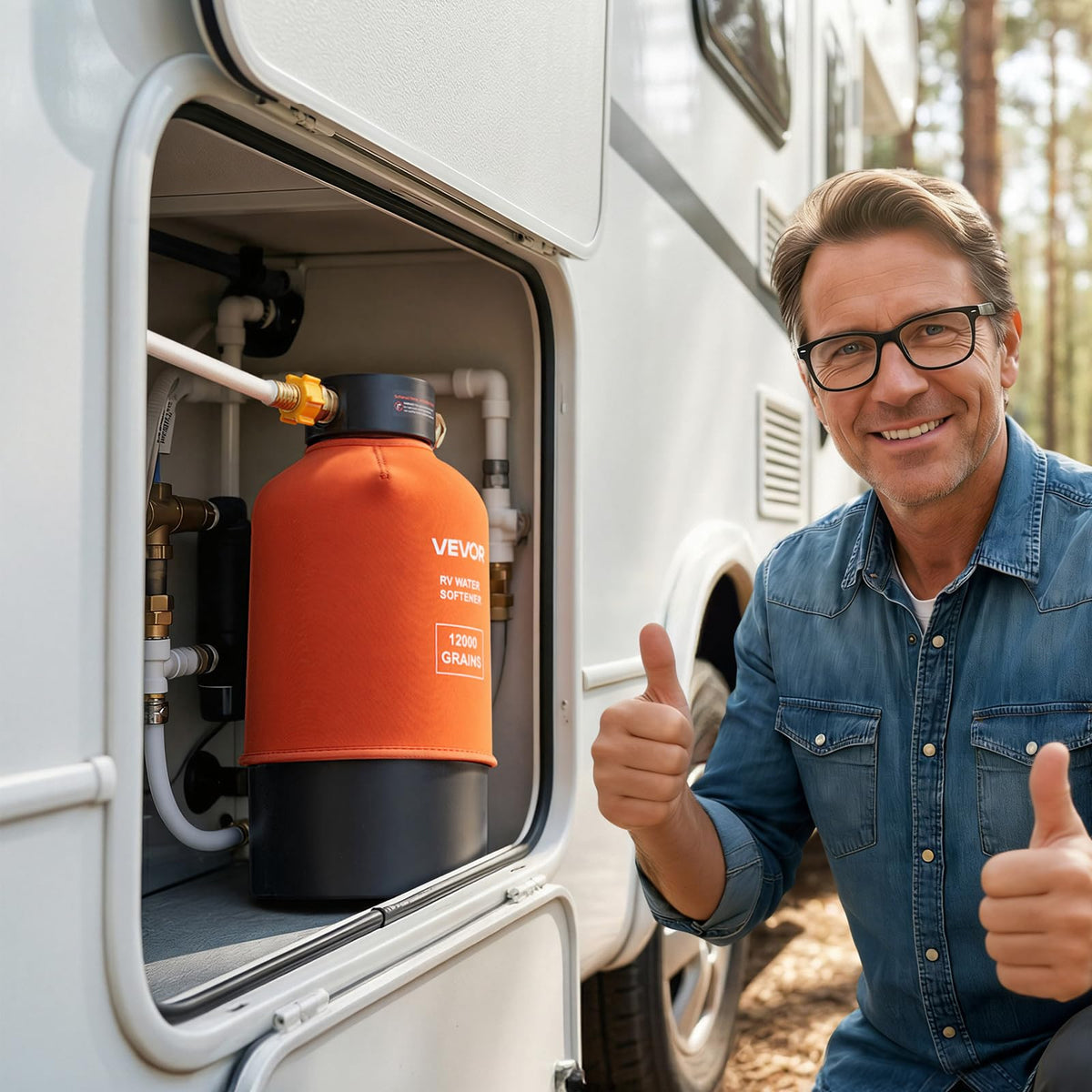 VEVOR softener in RV shower scene showing improved rinse and soap efficiency