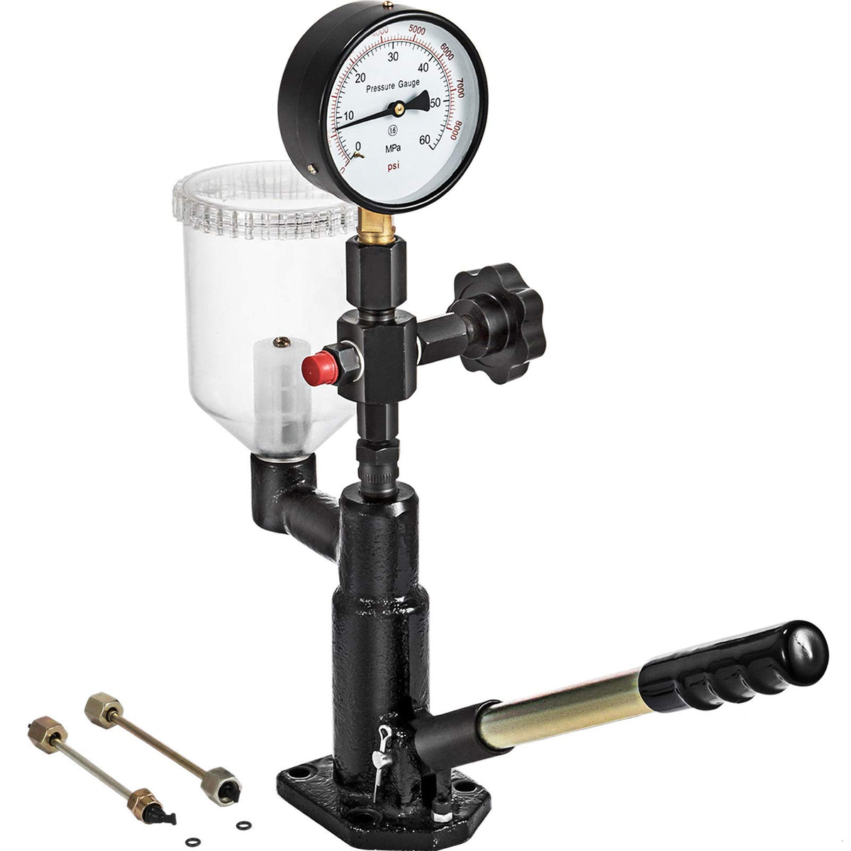 VEVOR injector tester front view showing cast iron body and gauge, durable workshop tool