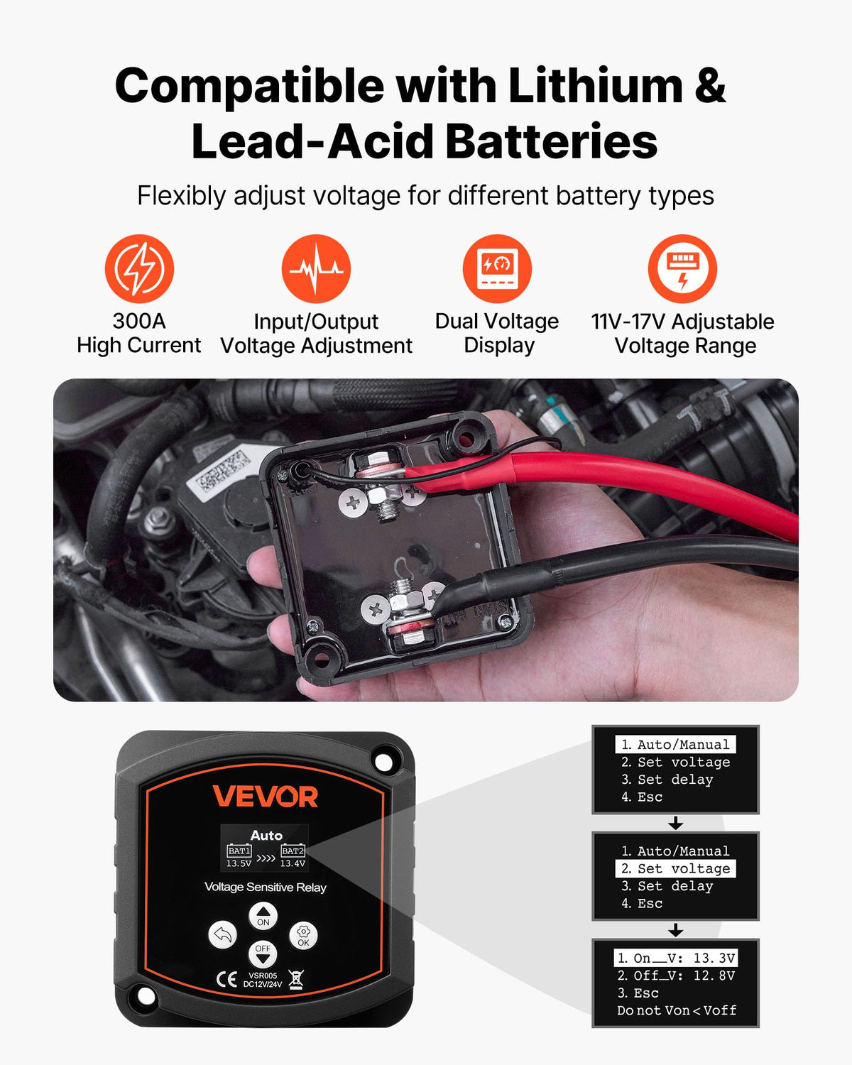 VEVOR isolator bright LCD closeup displaying dual battery voltages for quick diagnostics