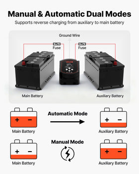 VEVOR isolator mounted in an RV battery compartment providing organized and safe charging