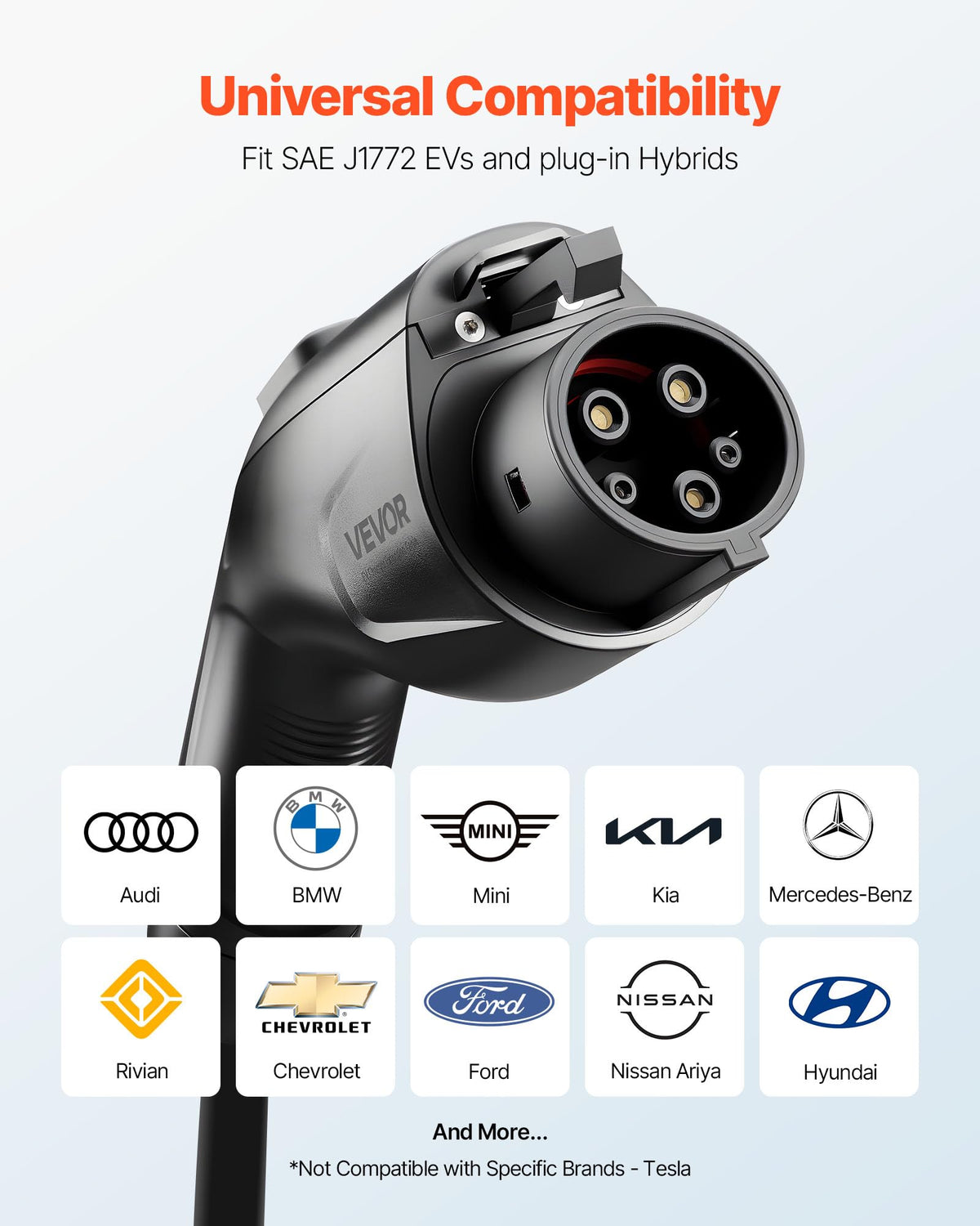 VEVOR closeup of J1772 connector highlighting solid pins and secure fit for reliable charging
