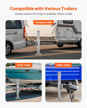 VEVOR jack extended next to ruler showing full lift range for versatile trailer compatibility benefit