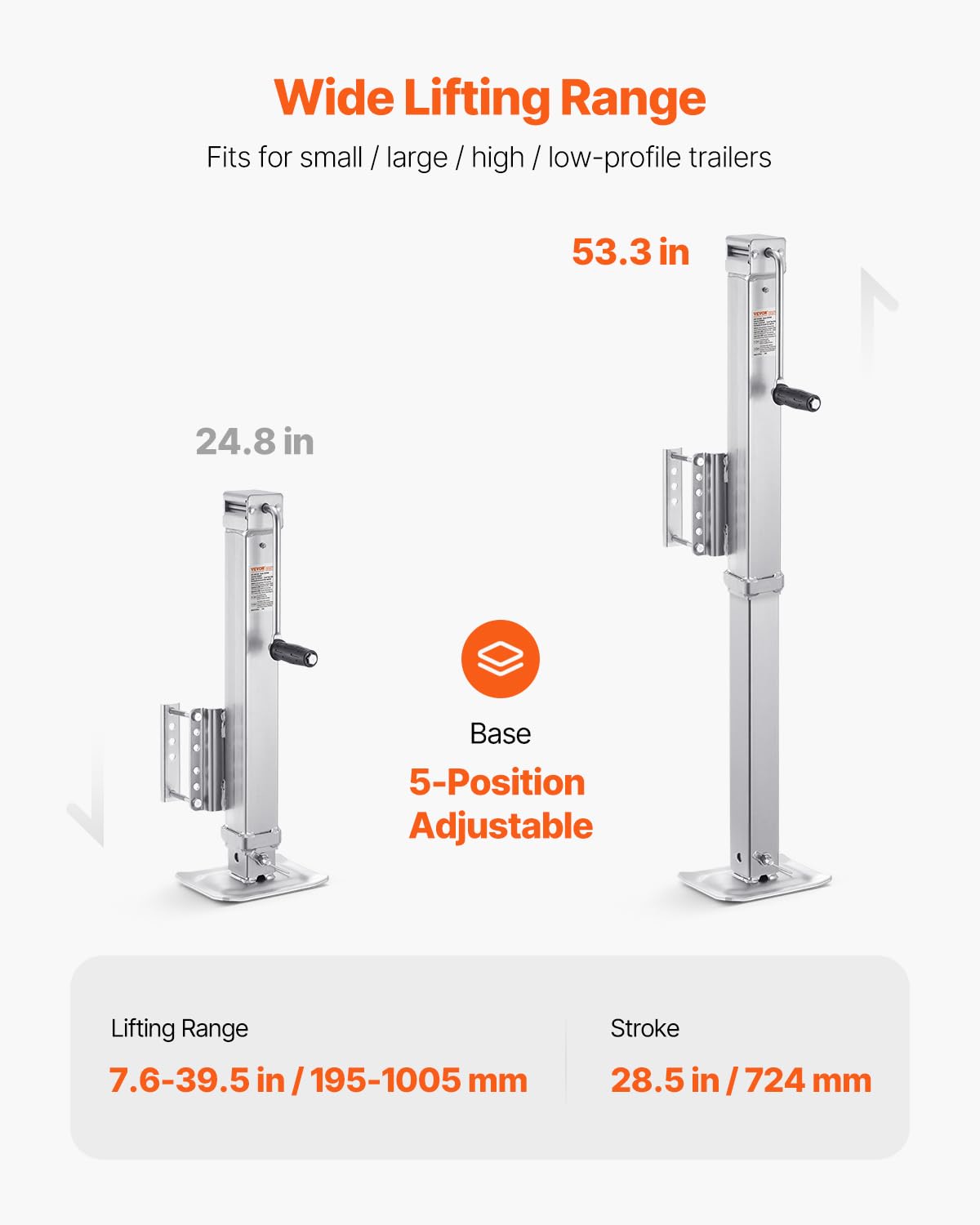 VEVOR jack bolted to RV tongue showing correct installation and stable support benefit