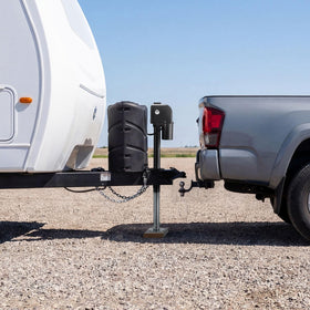 VEVOR jack mounted on trailer A-frame showing installation versatility benefit