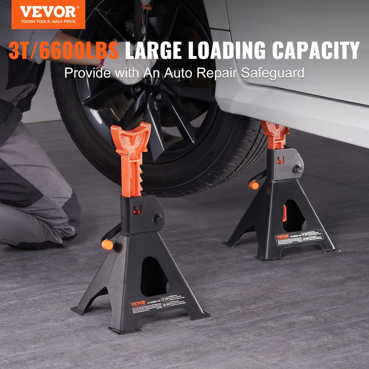 VEVOR jack stands base close-up highlighting wide pyramid base for stability