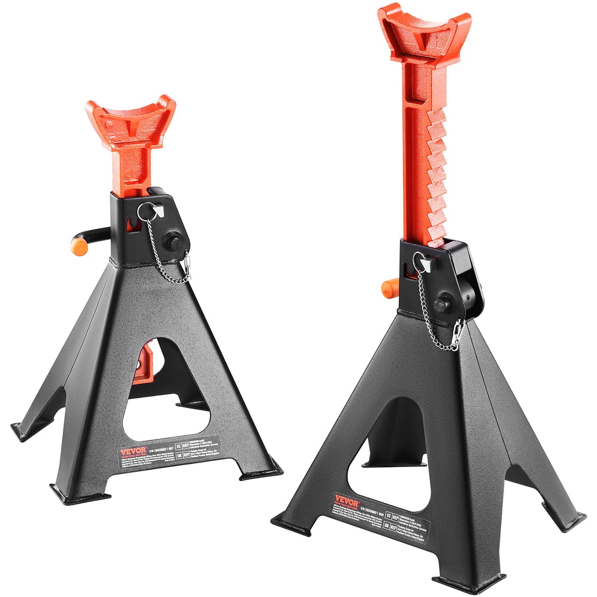 VEVOR front view of jack stands showing sturdy base and red finish benefit stability