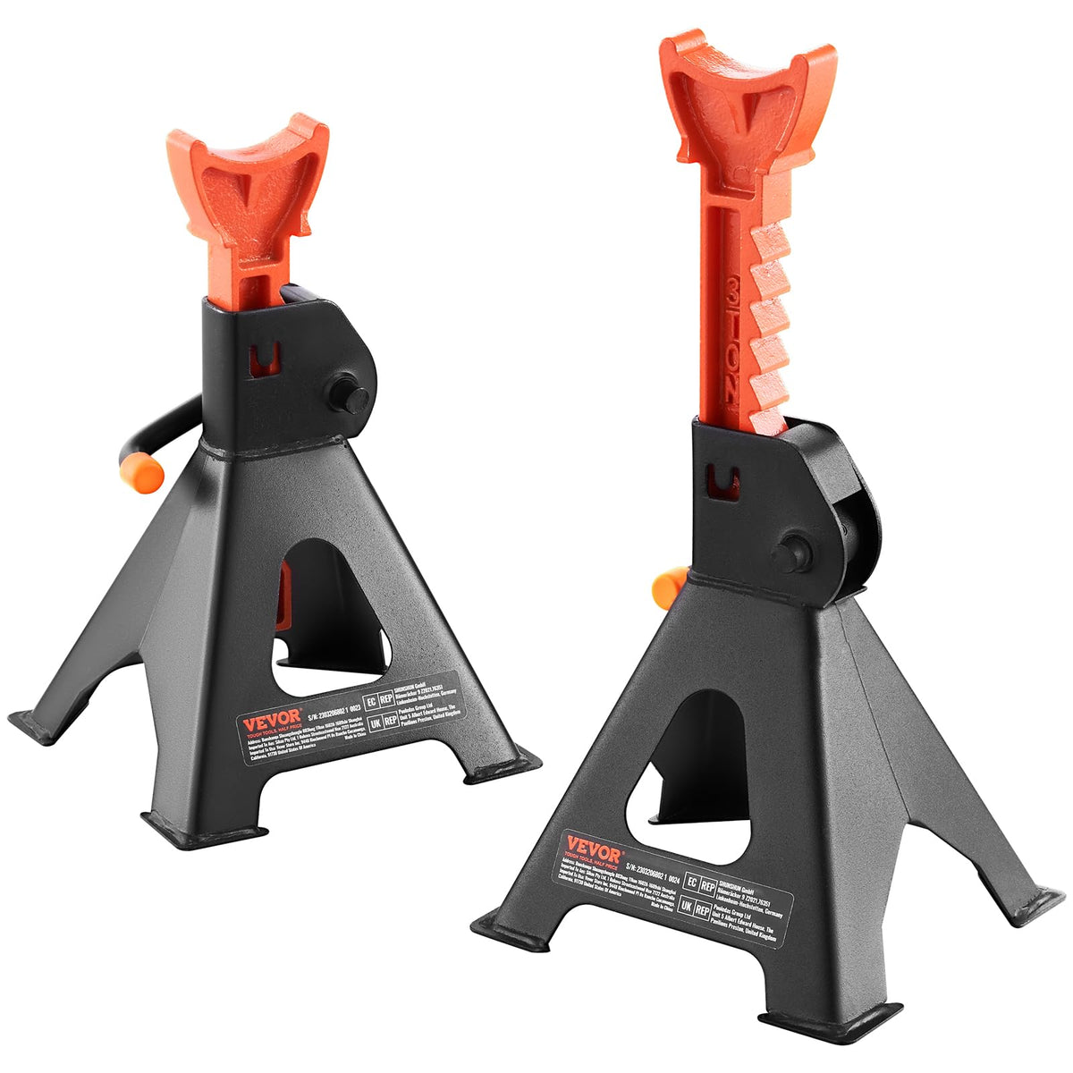 VEVOR jack stands front view showing sturdy support and stable positioning