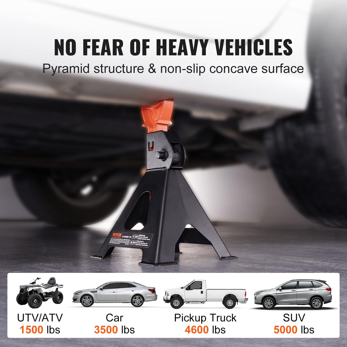 VEVOR jack stands height adjustment demonstrating ratchet bar and locking positions