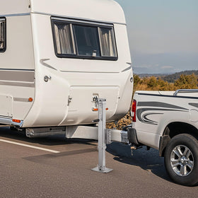 VEVOR swivel jack locked vertical demonstrating compact travel position and secure stow benefit