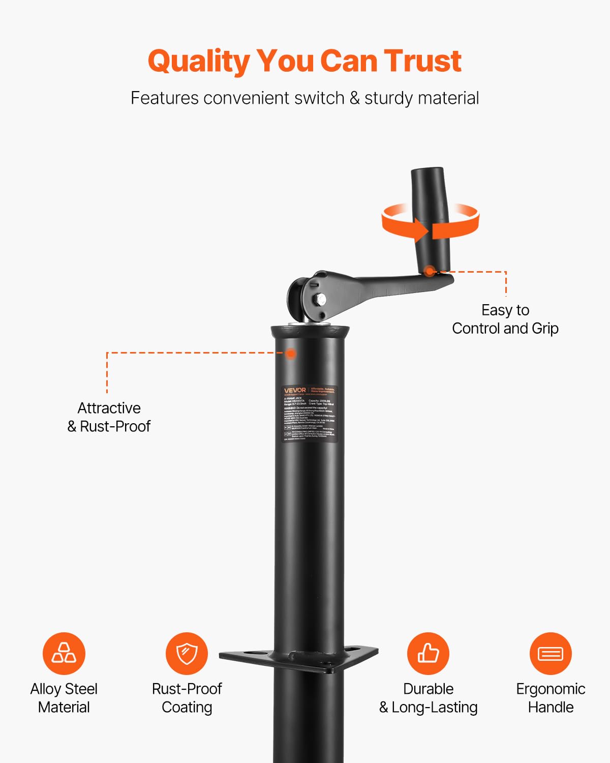 VEVOR jack folded in stowed position saving space and preventing damage during travel