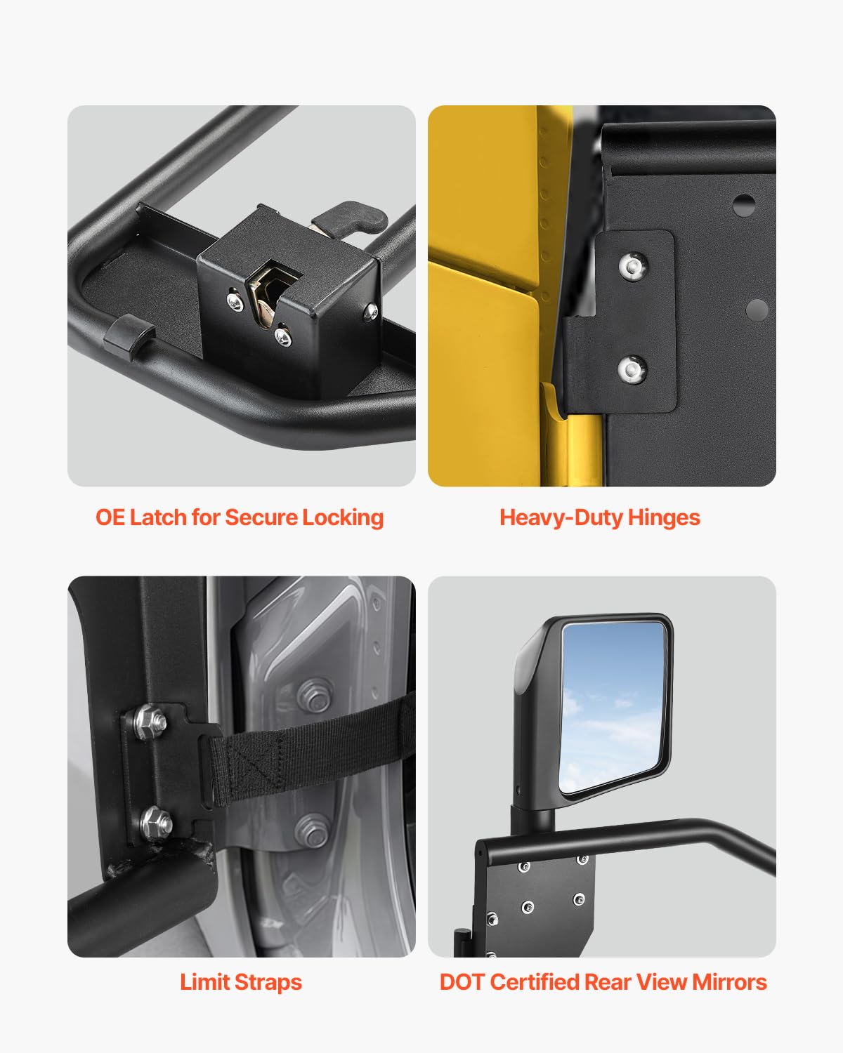 VEVOR heavy-duty hinge close-up showing bolt-on installation strength