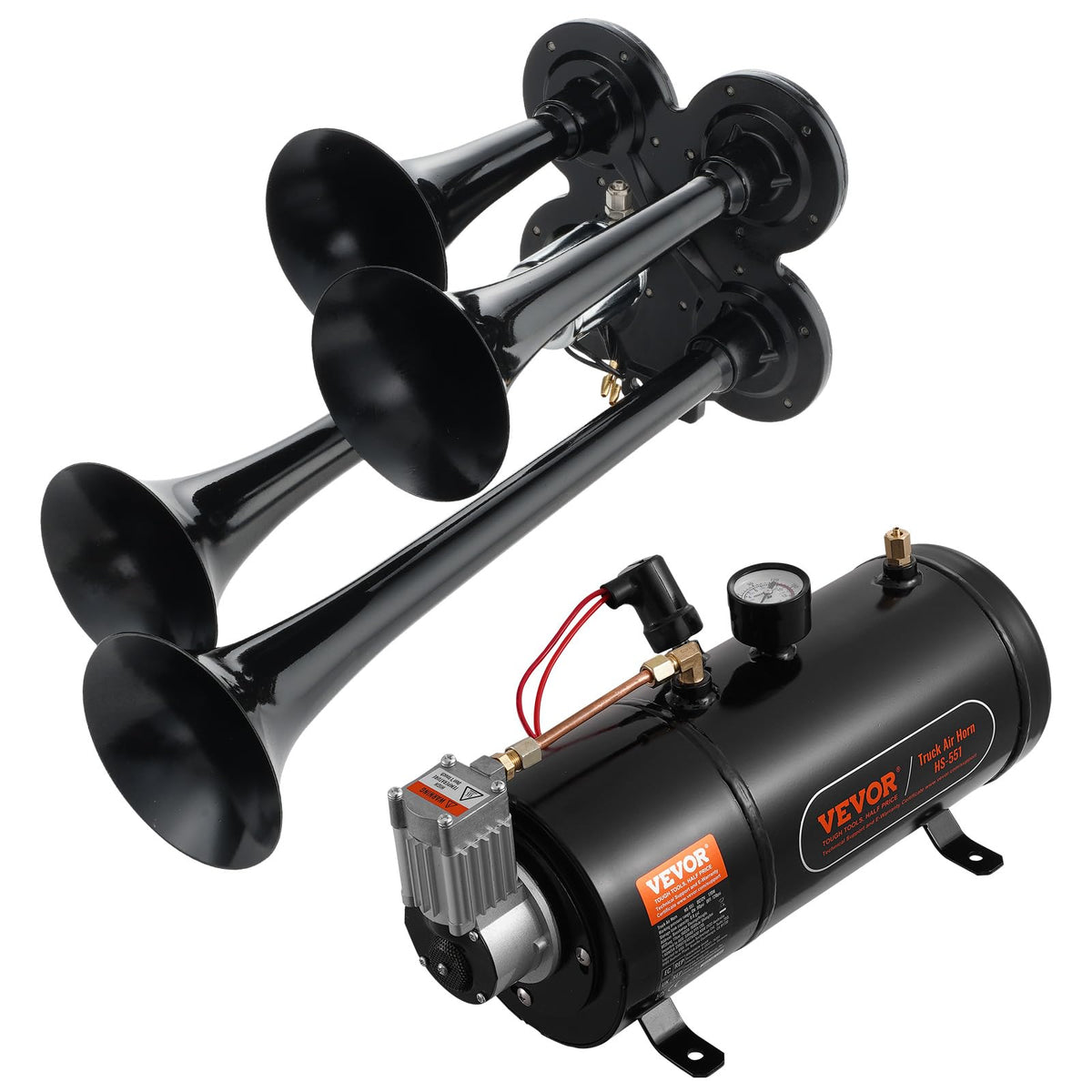 VEVOR kit components laid out including trumpets, tank, compressor for straightforward installation