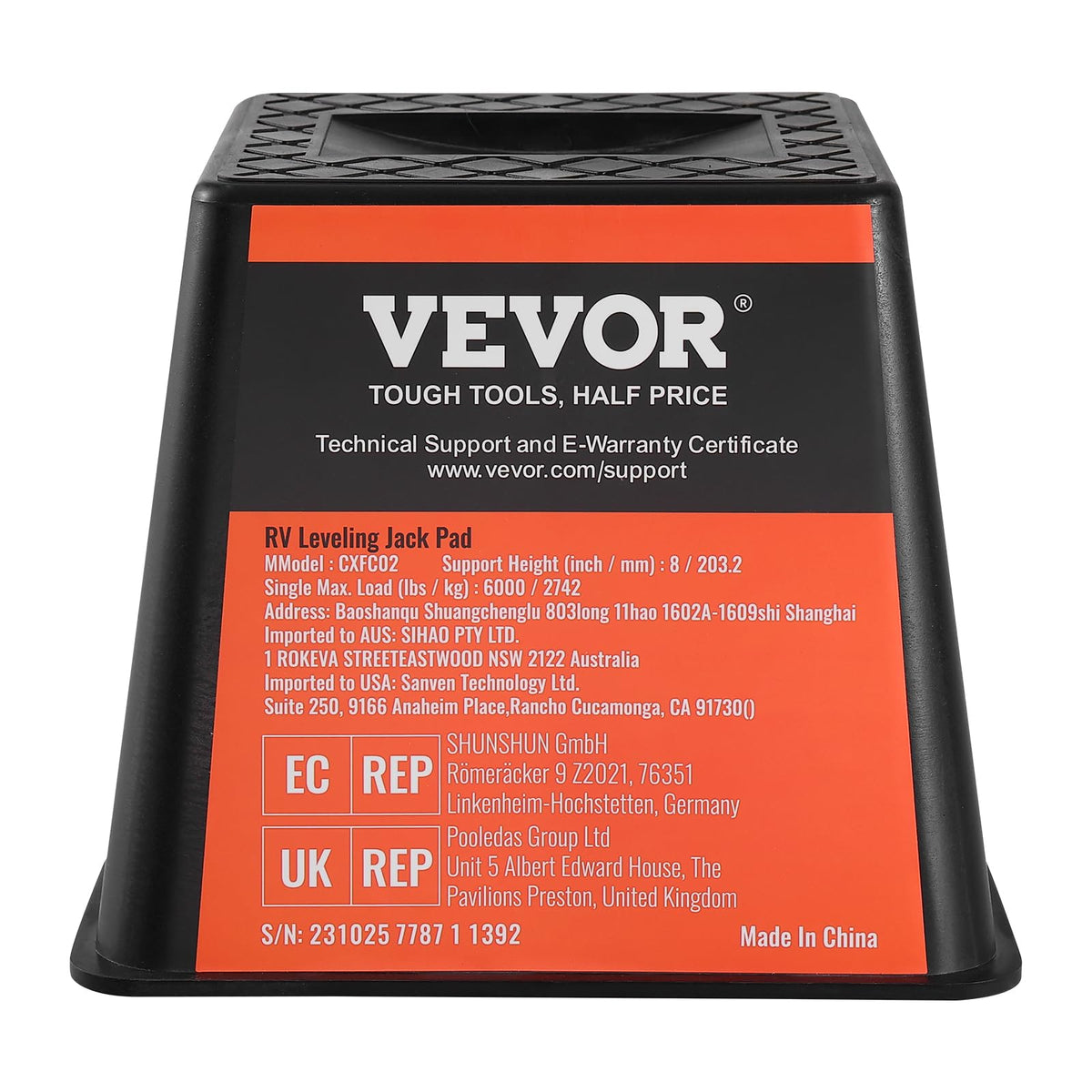 VEVOR product label closeup showing specs and capacity benefit