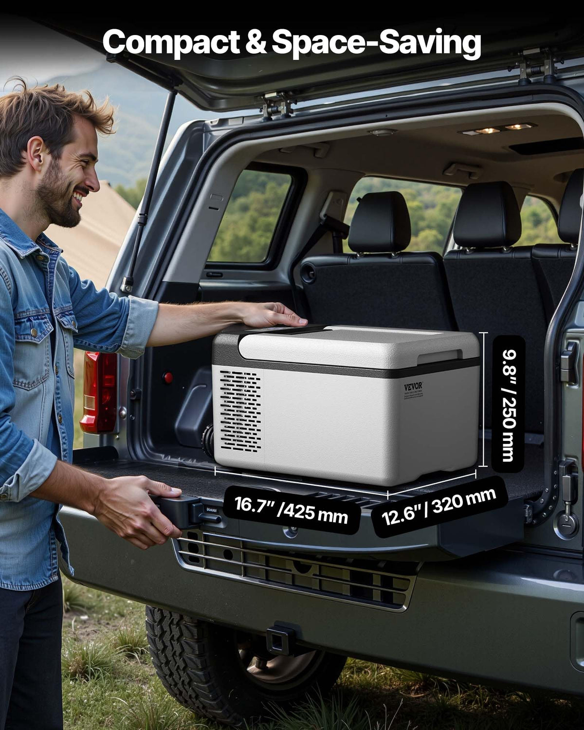 VEVOR placed beside a tent at campsite, portable cold storage for outdoor meals