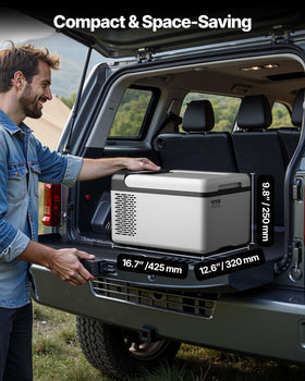 VEVOR placed beside a tent at campsite, portable cold storage for outdoor meals