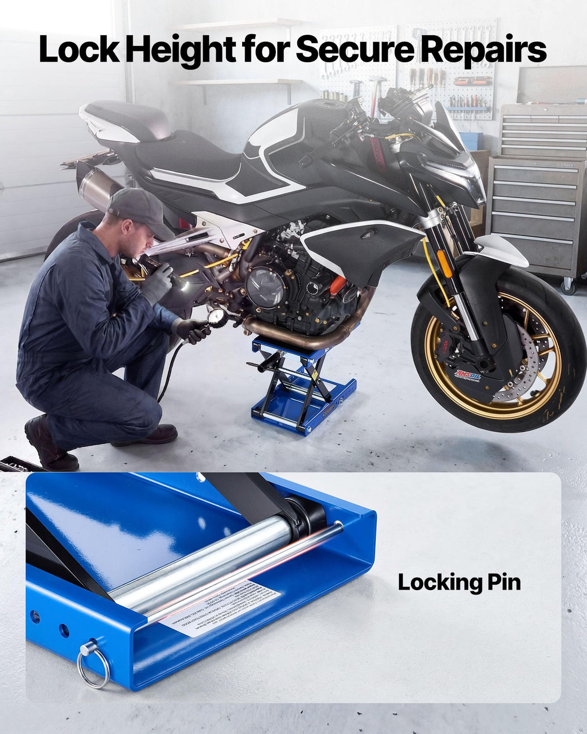 VEVOR locking pin detail ensuring secure height and safety
