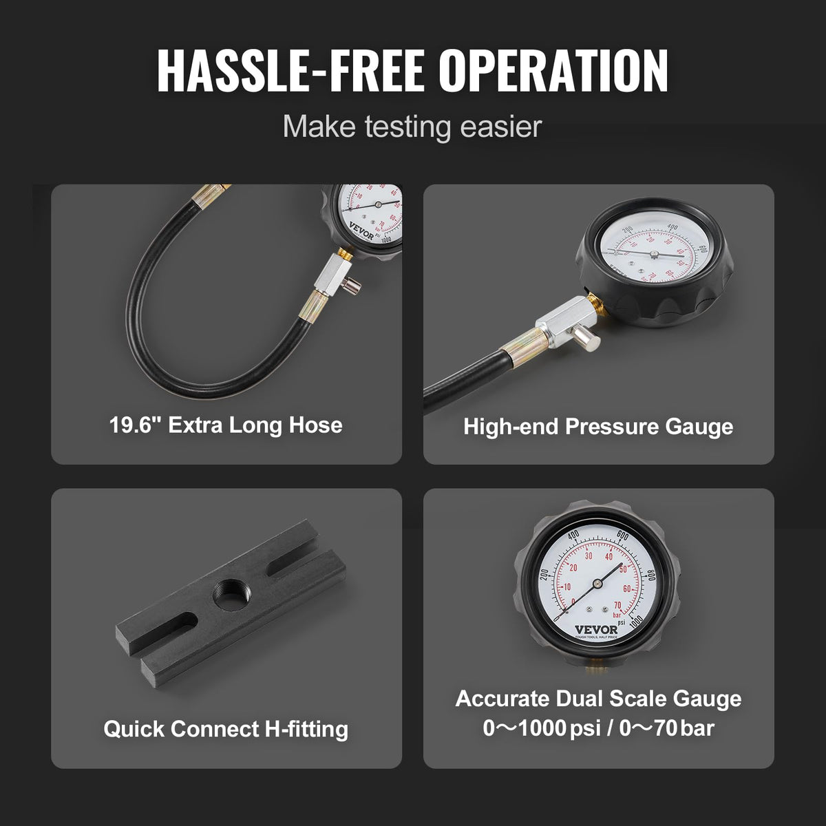 VEVOR long hose and quick-connect showing flexible reach and easier testing