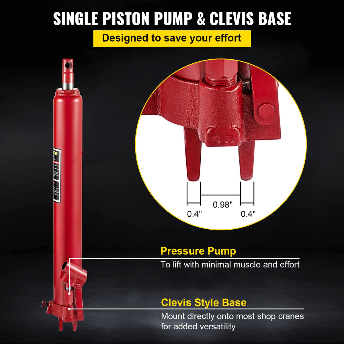 VEVOR ram mounted on engine hoist illustrating direct crane compatibility and lift benefit
