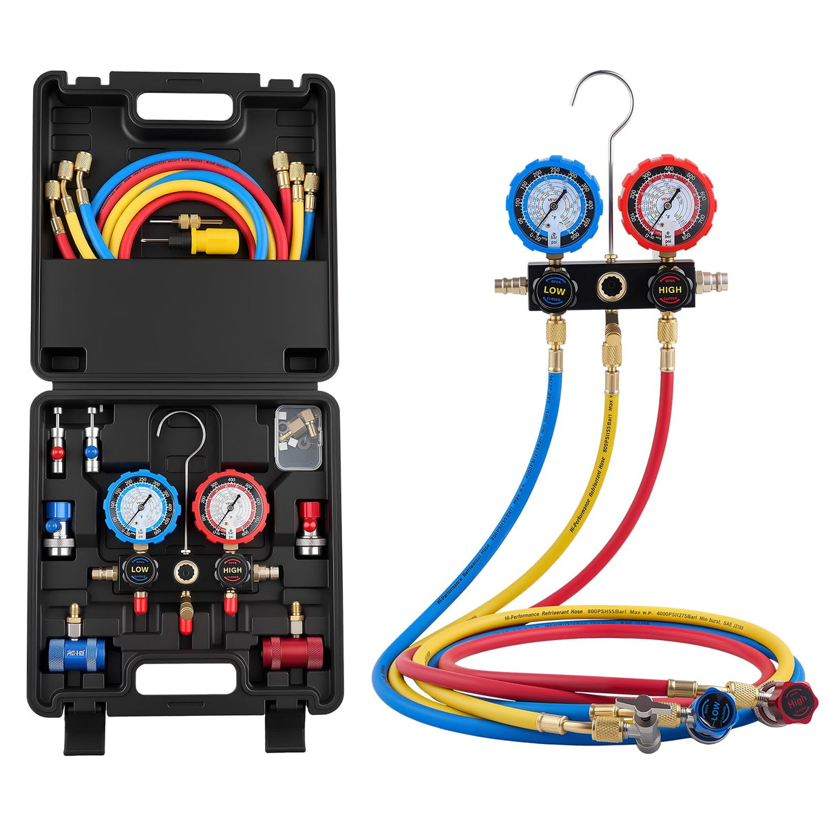 VEVOR manifold front view showing controls and gauges for precise diagnostics