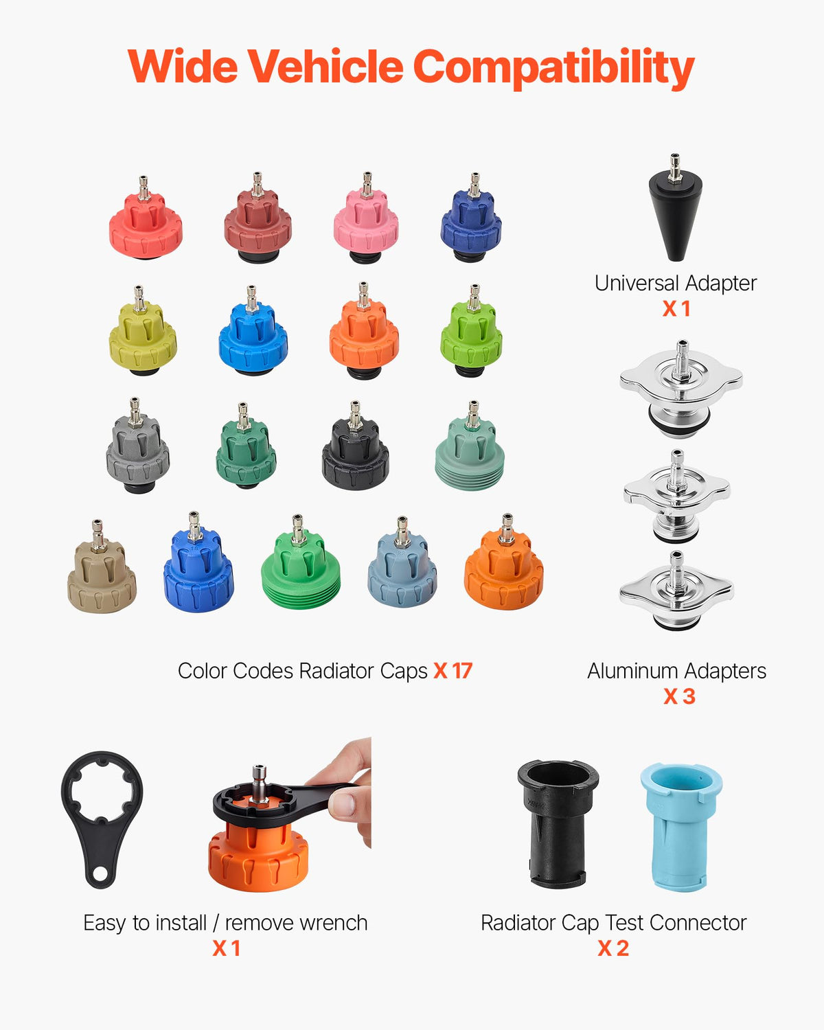 VEVOR metal adapters laid out to show compatibility with many vehicle necks