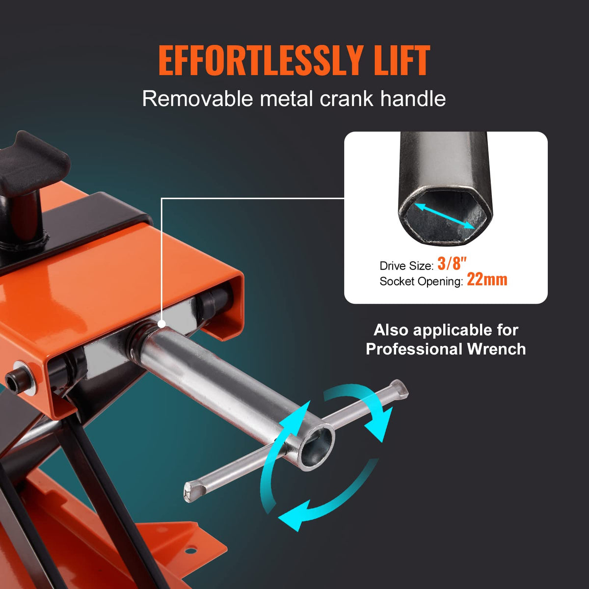 VEVOR lift beside tape measure showing adjustable height range