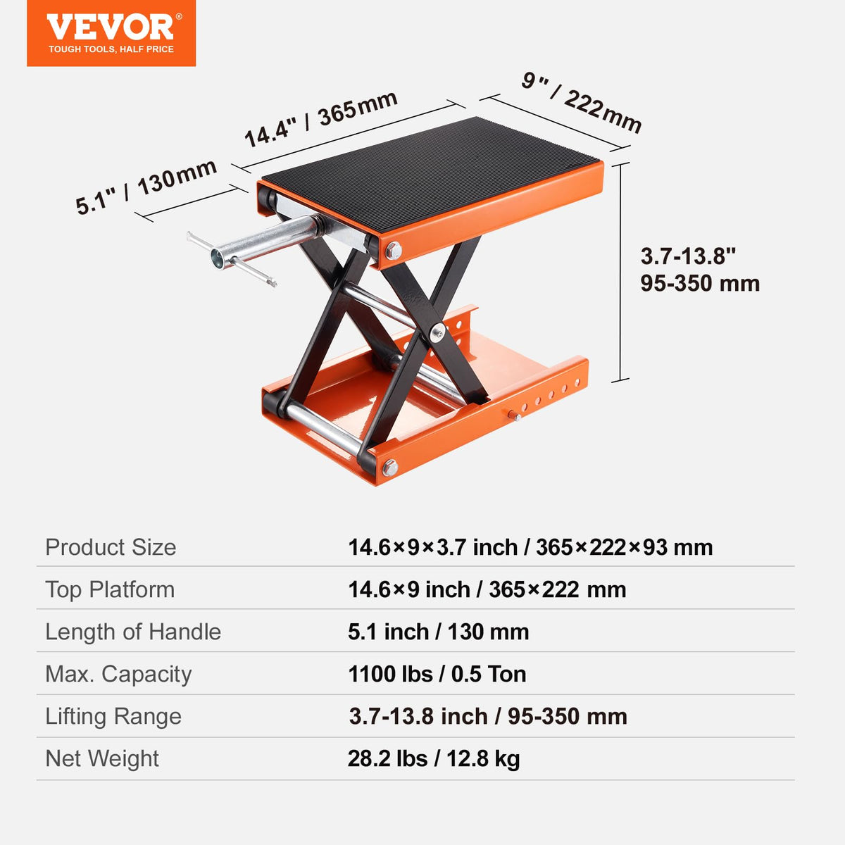 VEVOR lift in use under motorcycle showing hands-free maintenance benefit