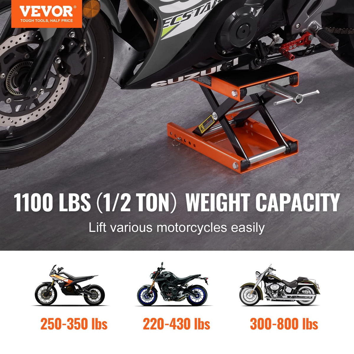 VEVOR wide deck platform providing stable support for motorcycles