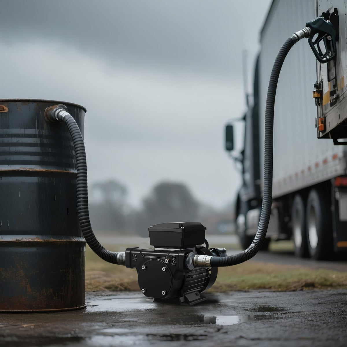 VEVOR pump mounted on drum showing ready-to-use site setup benefit