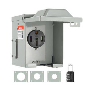 VEVOR front view of outdoor outlet box showing secure lock and weatherproof benefits
